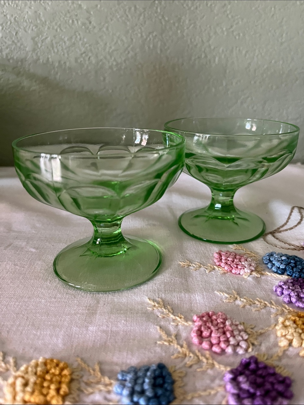 Pair of Federal Glass Vaseline Uranium Glass Sherbets Optic Panel 3”